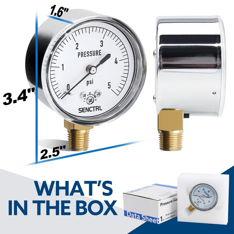 senctrl 0-5 Psi Low Pressure Gauge, Capsule Gauge, 2-1/2" Dial Size, 1/4" NPT Lower Mount, Zero Adjustment, for Air Water Gas Pressure Test - Image 5